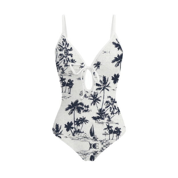 Women's Tropical Beach and Boats One-Piece Swimsuit with Skirt