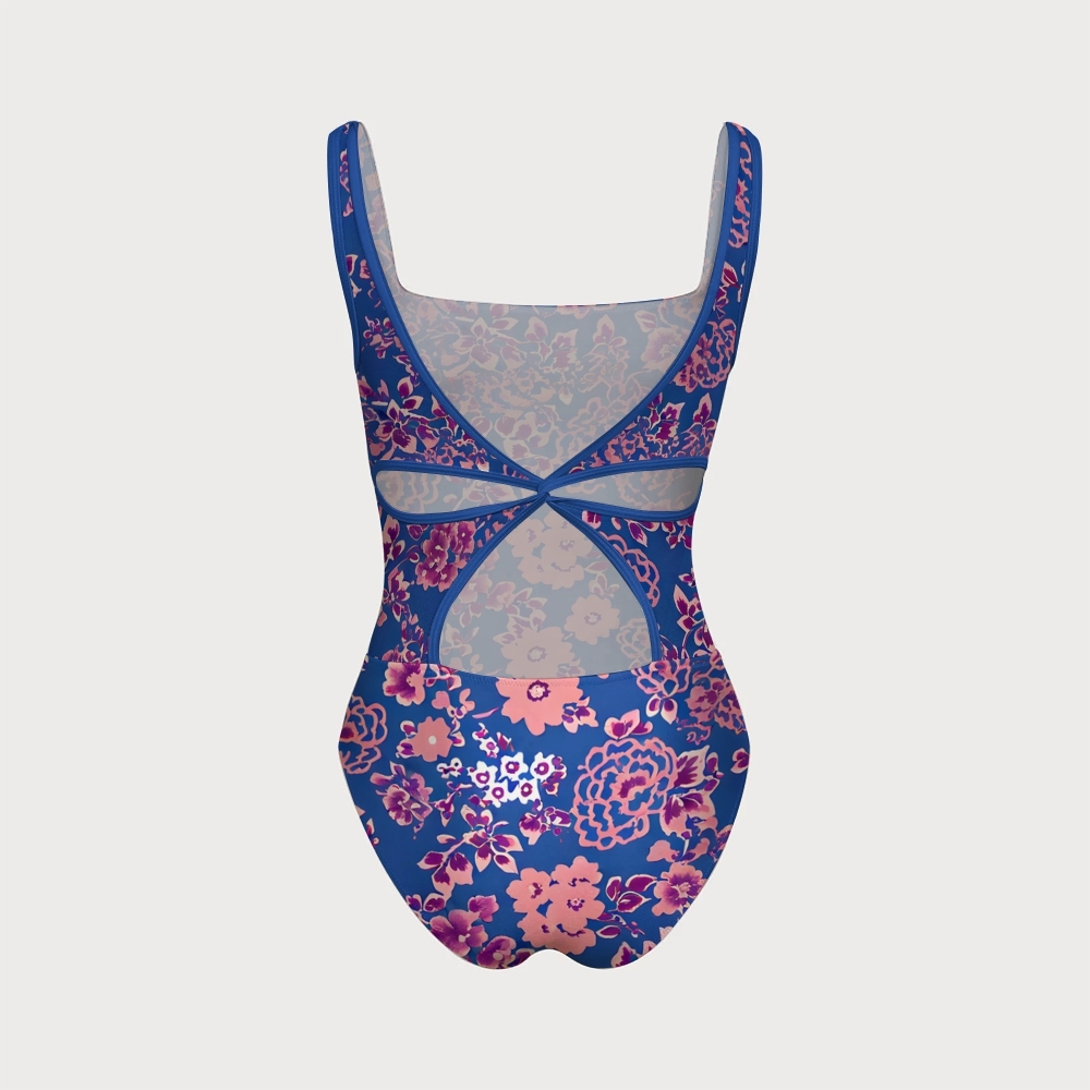 Pink and Purple Floral Print One Piece Swimsuit and Twist Back Accent
