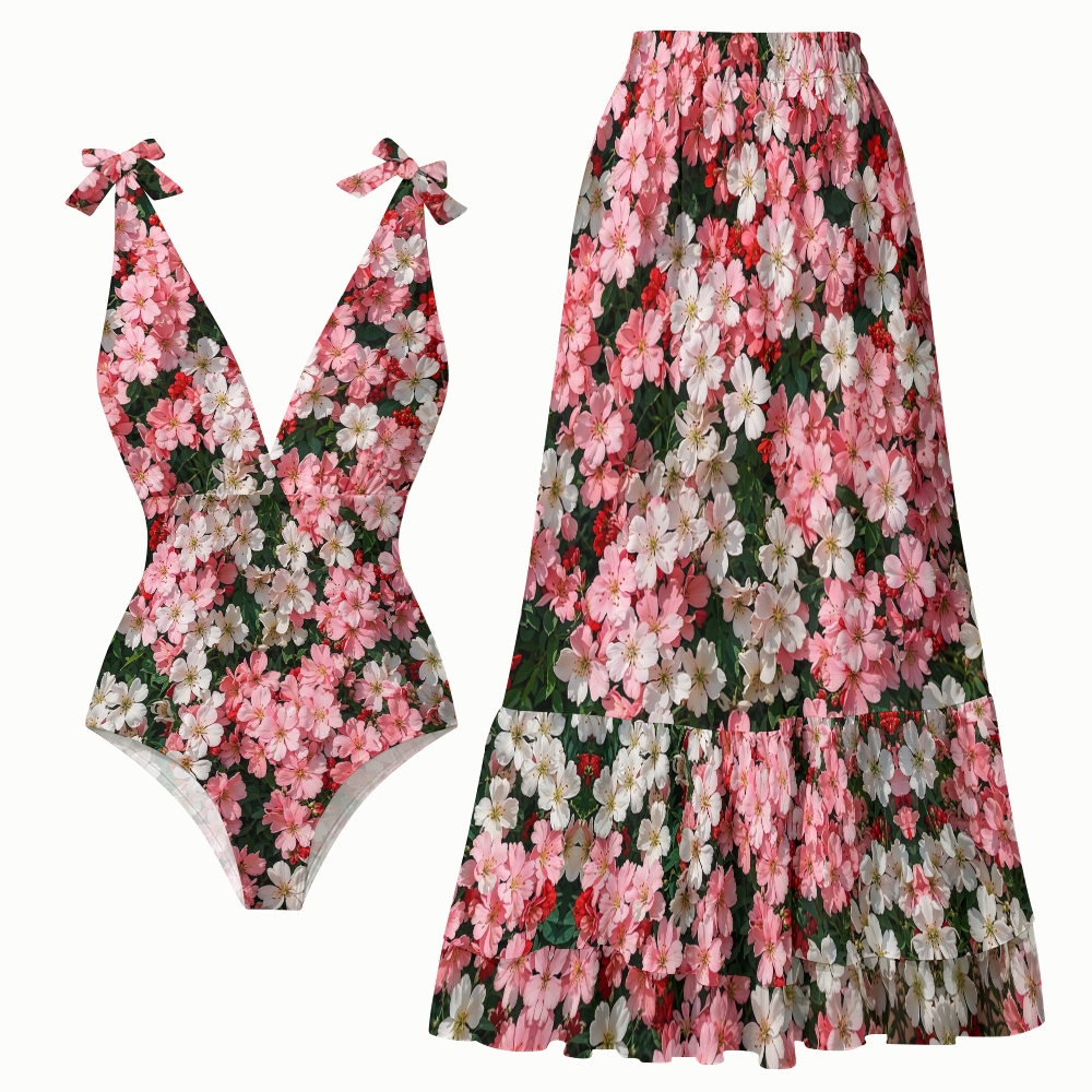 Pink Floral Deep V One Piece Swimsuit with Coordinated High Waist Cover-Up Skirt