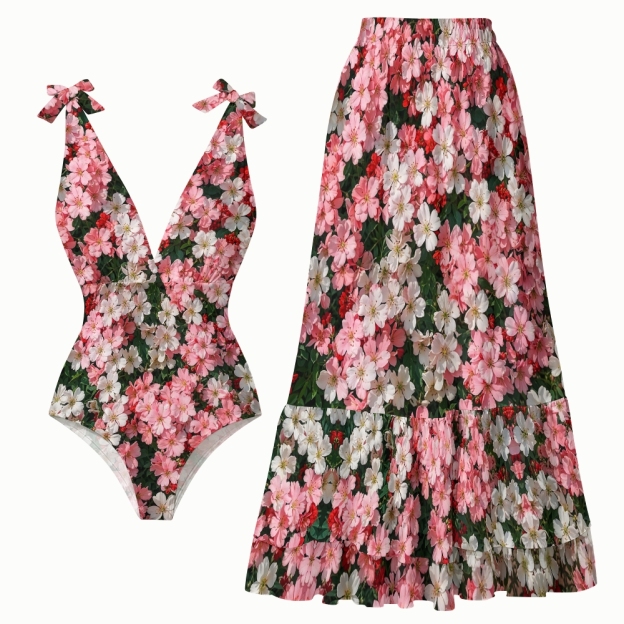 Pink Floral Deep V One Piece Swimsuit with Coordinated High Waist Cover-Up Skirt