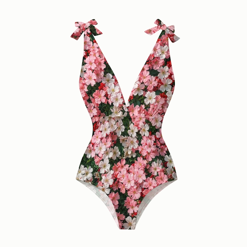 Pink Floral Deep V One Piece Swimsuit with Coordinated High Waist Cover-Up Skirt