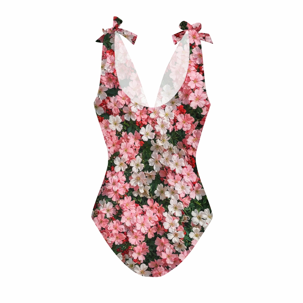 Pink Floral Deep V One Piece Swimsuit with Coordinated High Waist Cover-Up Skirt