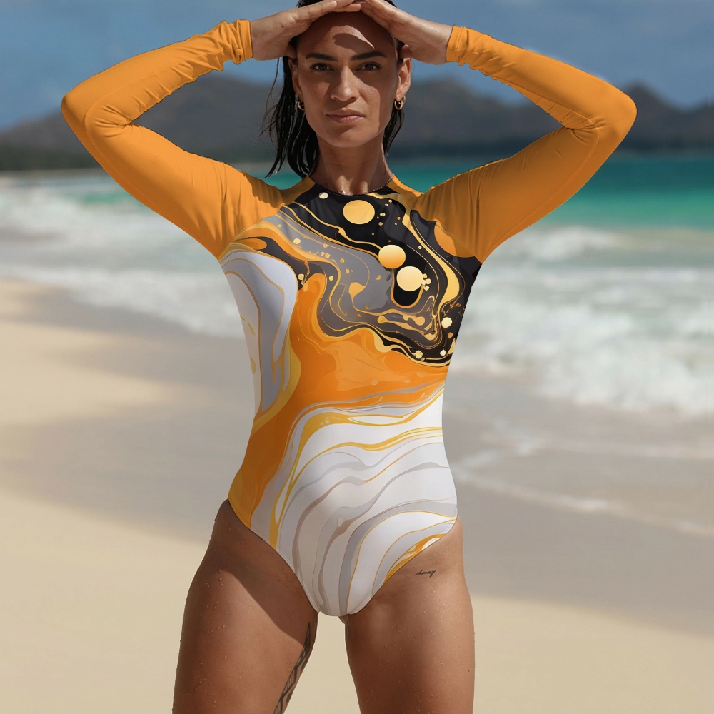 Color Splash Long Sleeve One Piece Swimsuit Abstract Fluid Print Beachwear for Women