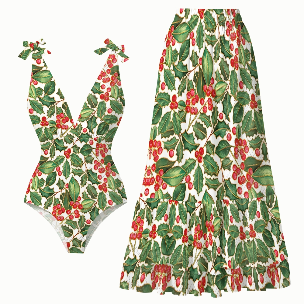 Holly Leaf and Berry Print One Piece Swimsuit with Matching Maxi Skirt