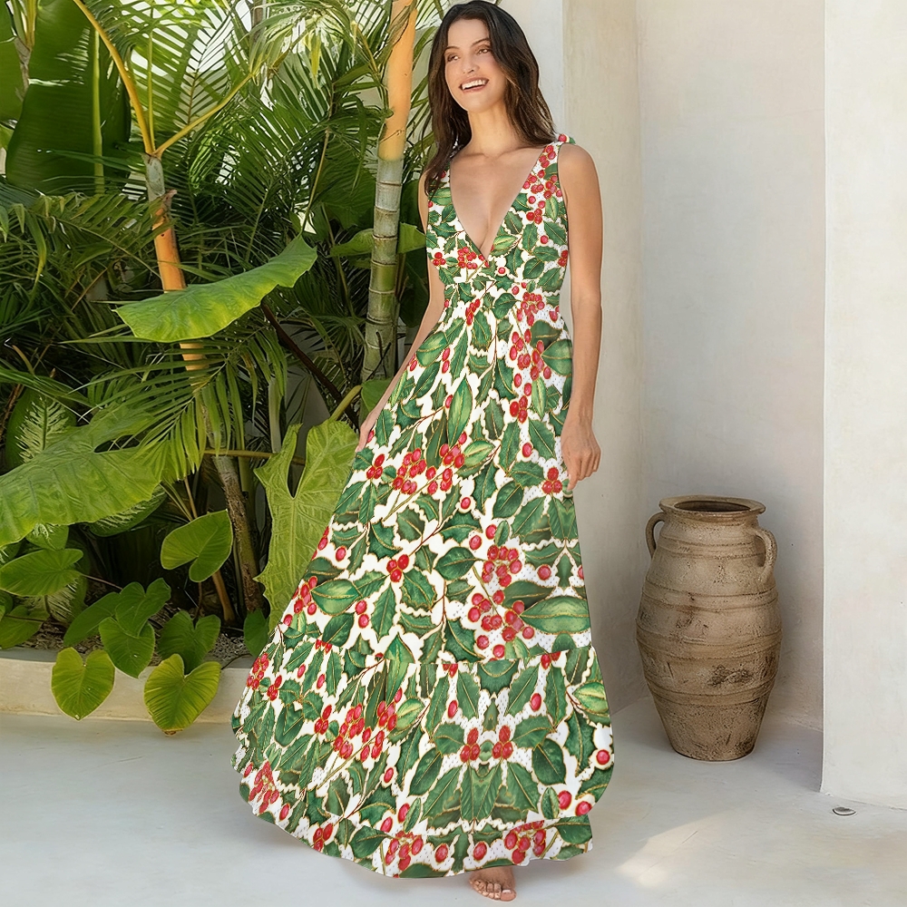 Holly Leaf and Berry Print One Piece Swimsuit with Matching Maxi Skirt