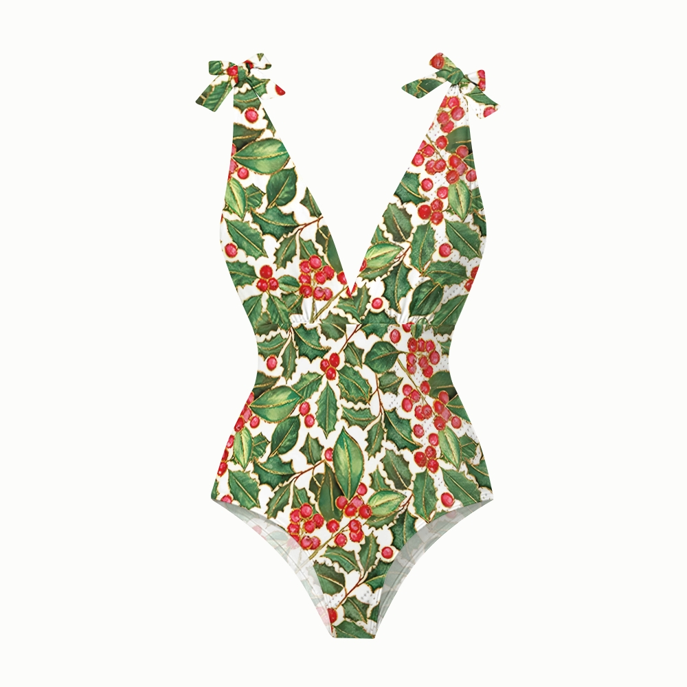 Holly Leaf and Berry Print One Piece Swimsuit with Matching Maxi Skirt