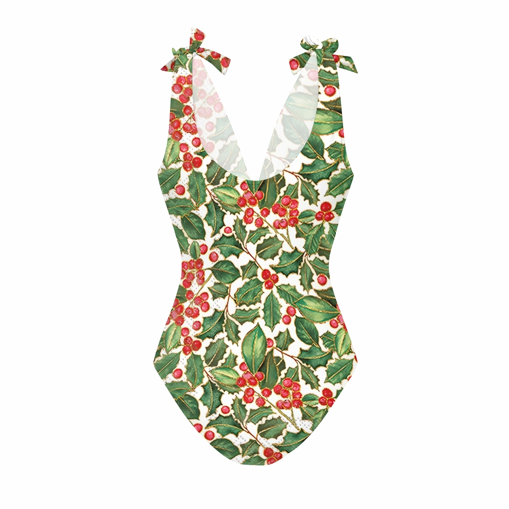 Holly Leaf and Berry Print One Piece Swimsuit with Matching Maxi Skirt