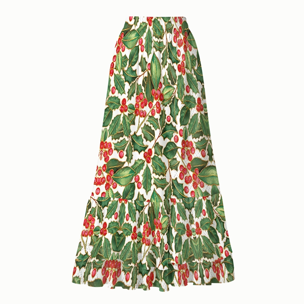 Holly Leaf and Berry Print One Piece Swimsuit with Matching Maxi Skirt