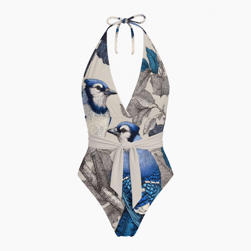 Floral Bird Print Halter One Piece Swimsuit with Waist Tie