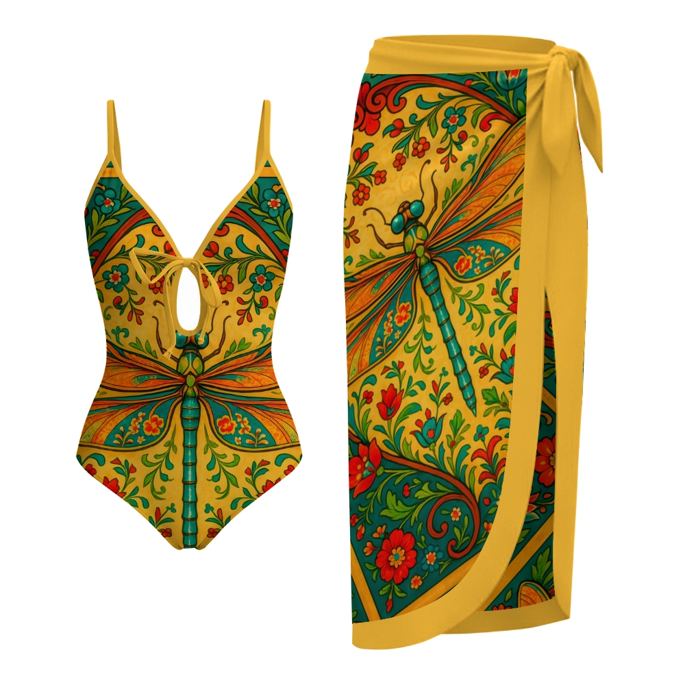 Women's Dragonfly Garden One-Piece Swimsuit with Skirt