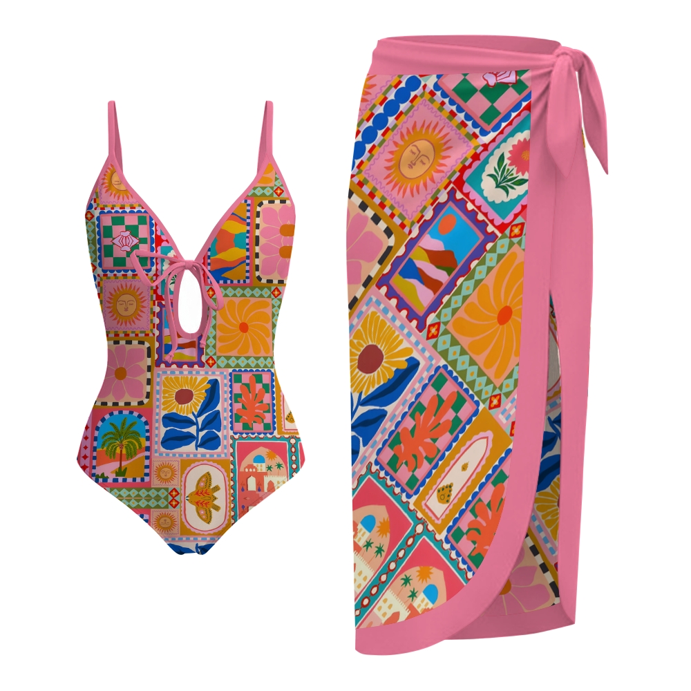 Women's Tropical Mosaic One-Piece Swimsuit with Skirt