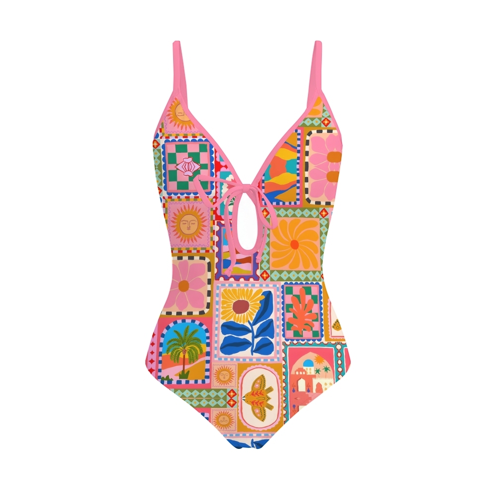 Women's Tropical Mosaic One-Piece Swimsuit with Skirt