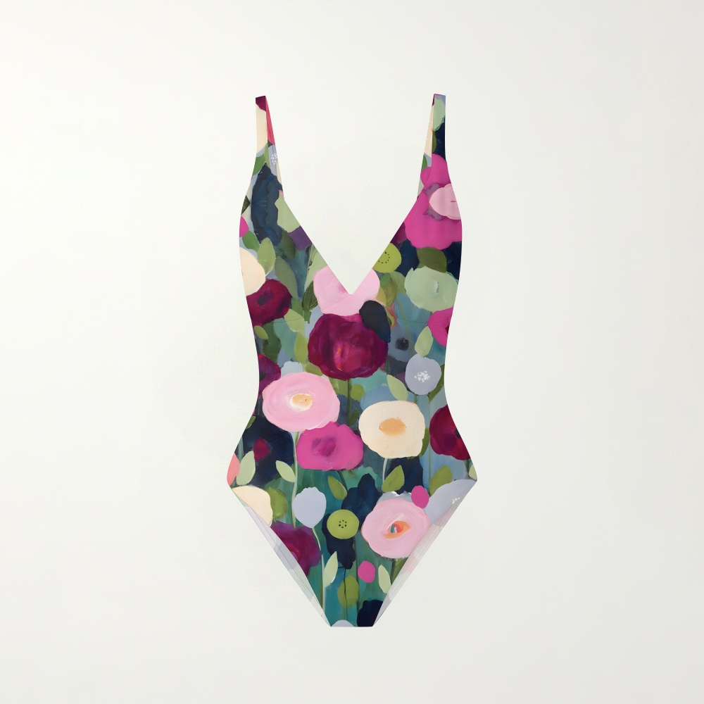 Art-Inspired Floral Print Deep V One Piece Swimsuit