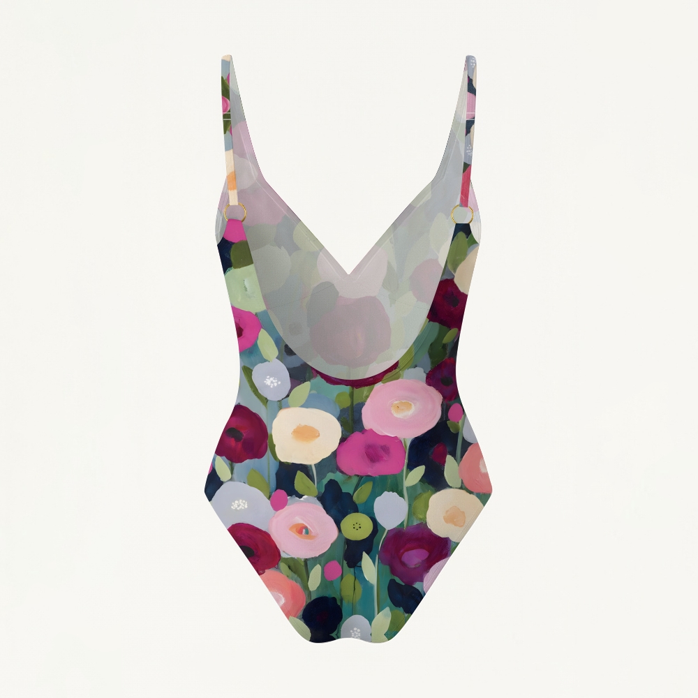 Art-Inspired Floral Print Deep V One Piece Swimsuit