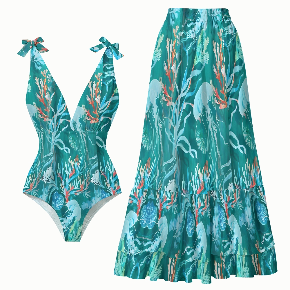 Women's Marine Organism Print One-Piece Swimsuit with Skirt