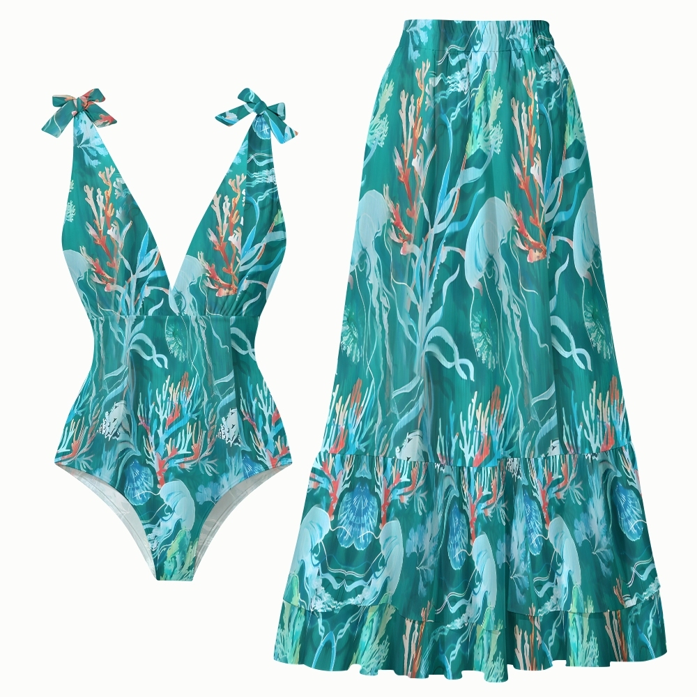 Women's Marine Organism Print One-Piece Swimsuit with Skirt