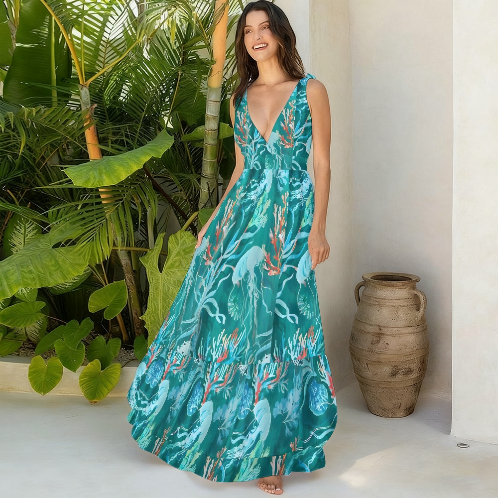 Women's Marine Organism Print One-Piece Swimsuit with Skirt