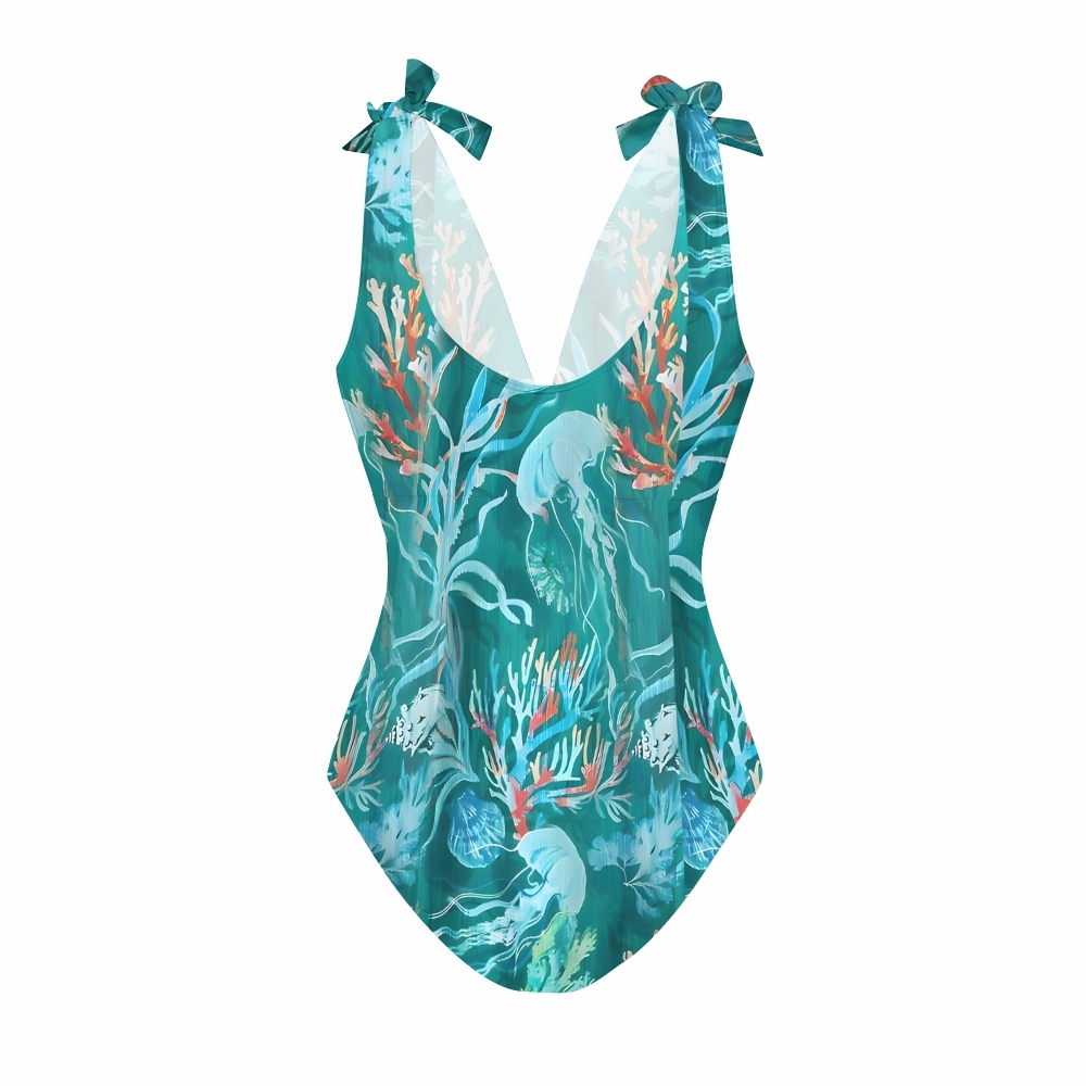 Women's Marine Organism Print One-Piece Swimsuit with Skirt