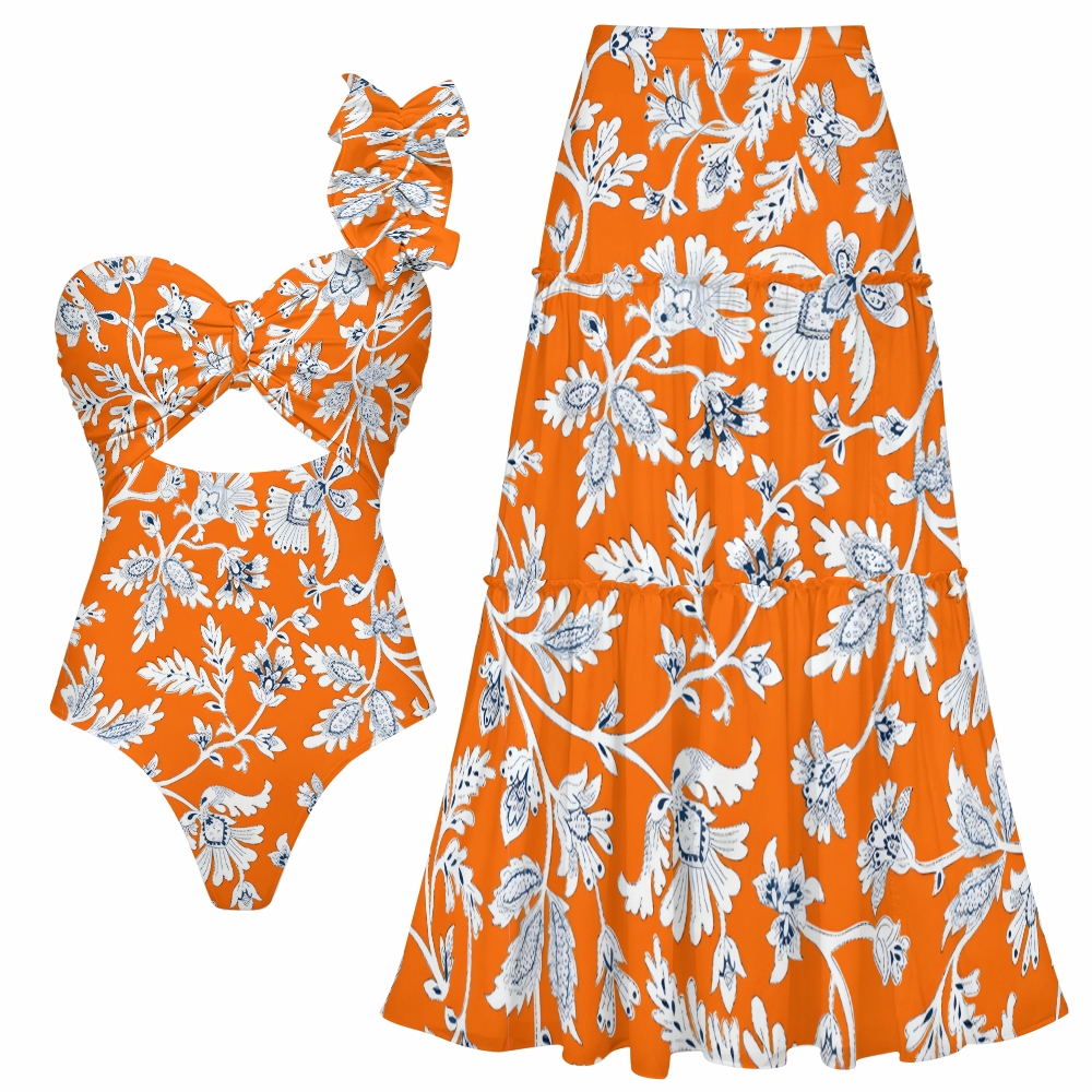 Women's Stunning Stippling Print One-Piece Swimsuit with Skirt