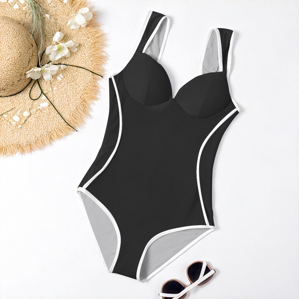 Classic Sleek One Piece Swimsuit with Contrast Side Lines and Supportive Bust Design