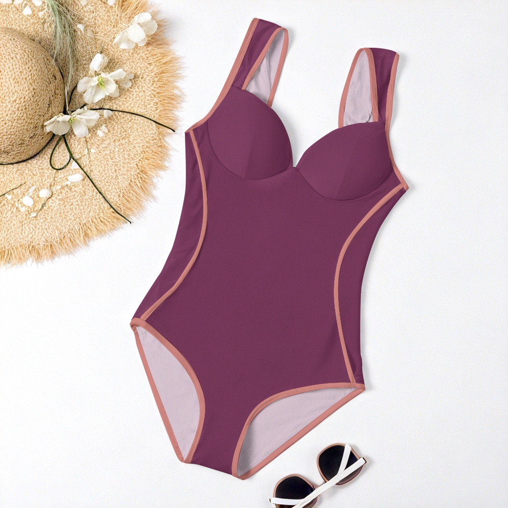 Bright Pink and Green Trim One Piece Swimsuit with Structured Cups