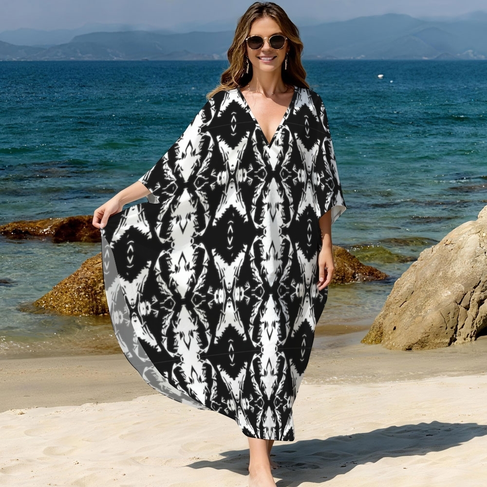 Women's Kaftan Beach Cover-up Dress with Tribal Ikat Print