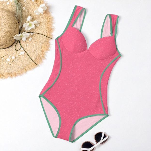Bright Pink and Green Trim One Piece Swimsuit with Structured Cups