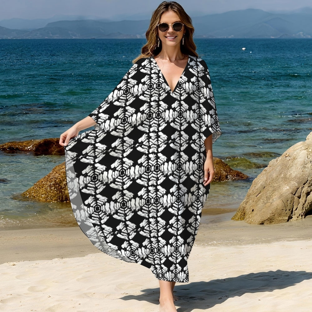 Women's Kaftan Beach Cover-up Dress with Feather Leaf Print