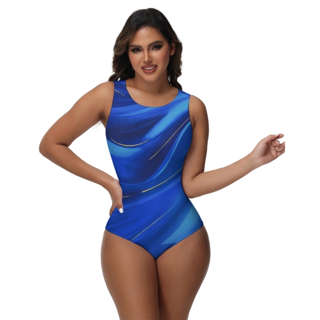 Women's Blue Gradient Print with Gold Foil Trim One-Piece Swimsuit