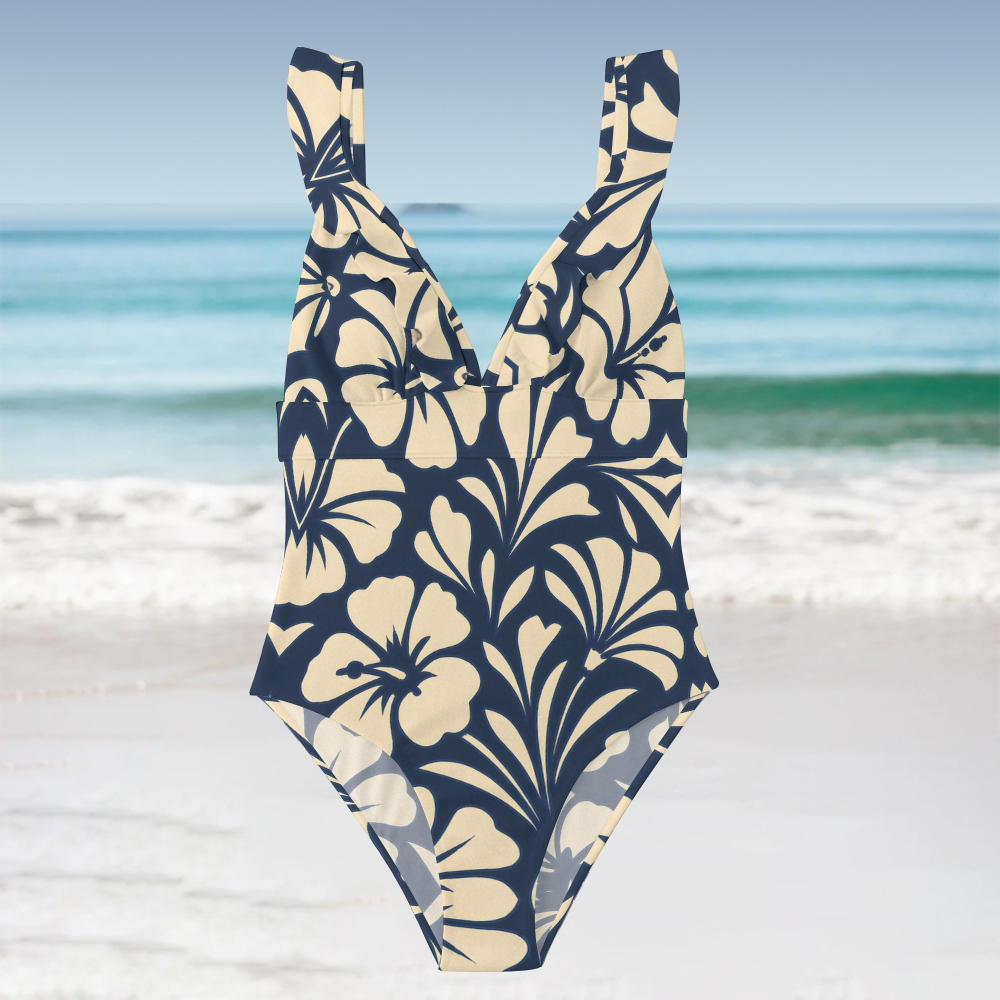 Women's V Neck Hibiscus Picking Floral One-Piece Swimsuit