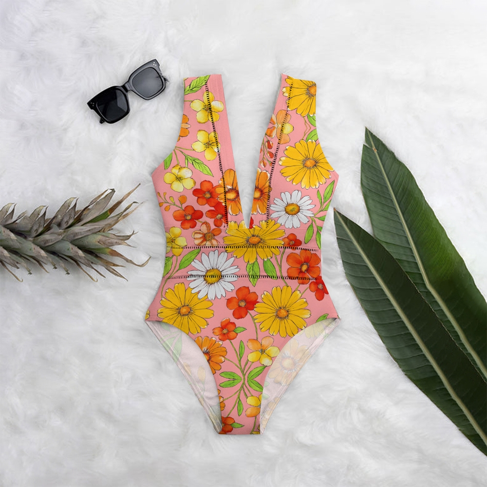 Women's V Neck Bahama Bloom Floral Print One-Piece Backless Swimsuit