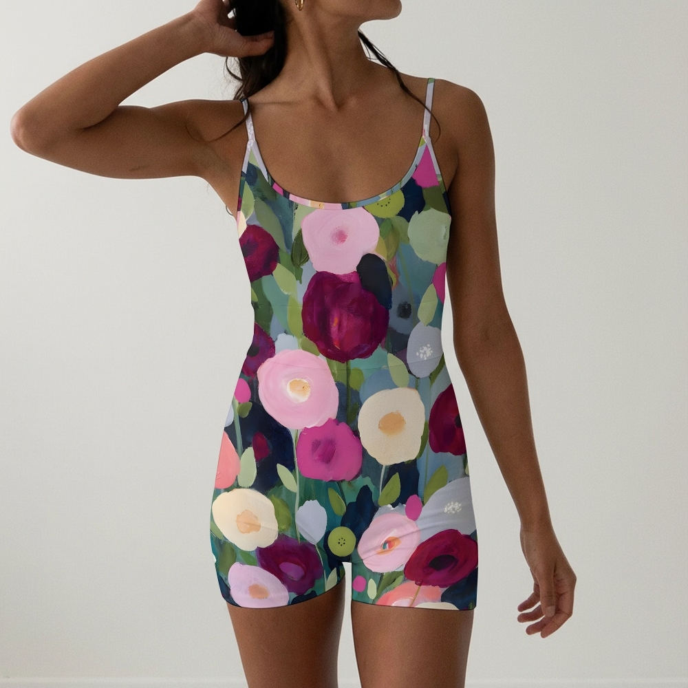 Women's Dark Bloom with Colorful Floral Spaghetti Strap One-Piece Swimsuit