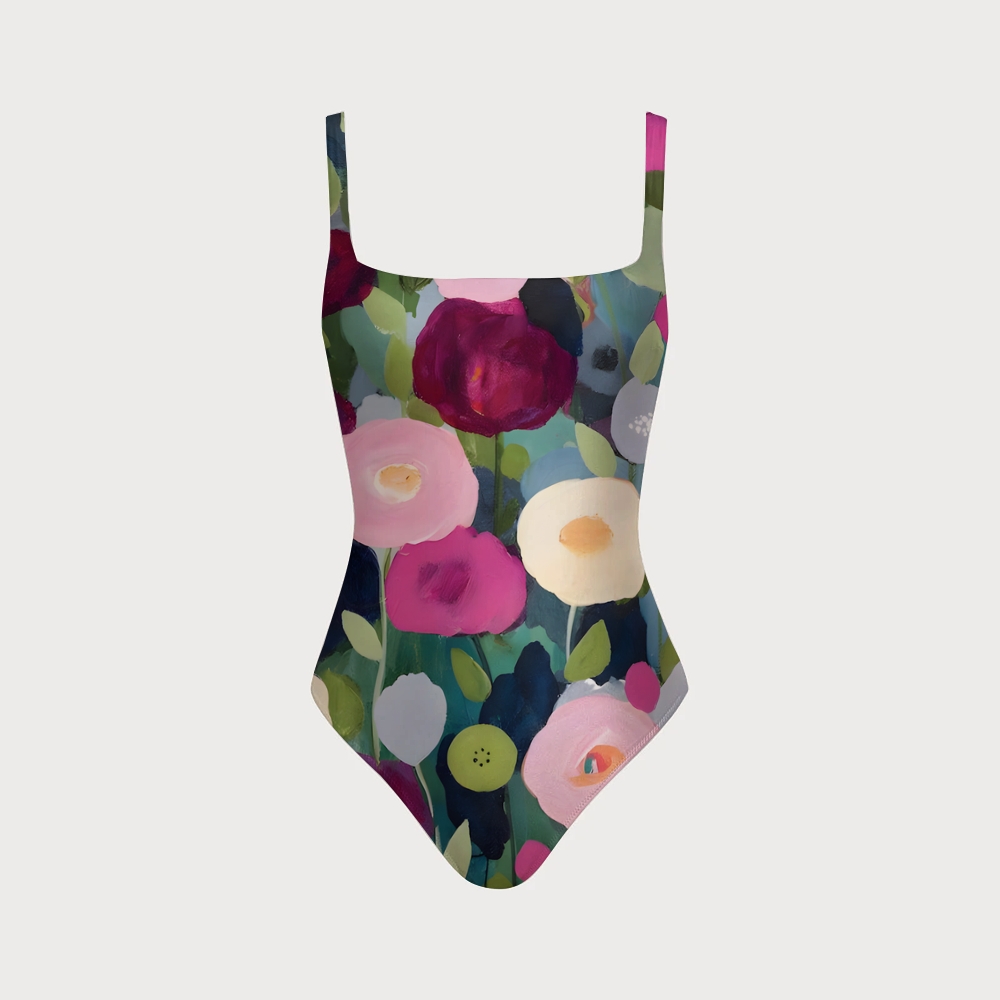 Women's Dark Bloom with Colorful Floral One-Piece Swimsuit with Back Mesh Knot
