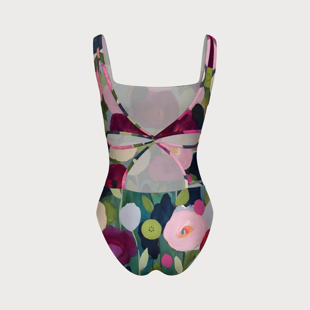 Women's Dark Bloom with Colorful Floral One-Piece Swimsuit with Back Mesh Knot