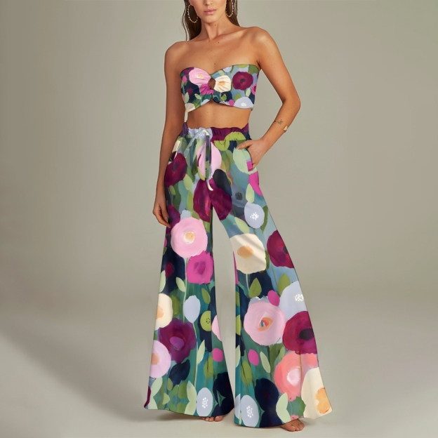 Women's Bandeau Dark Bloom with Colorful Floral Two-Piece Swimsuit with Cut-out Details