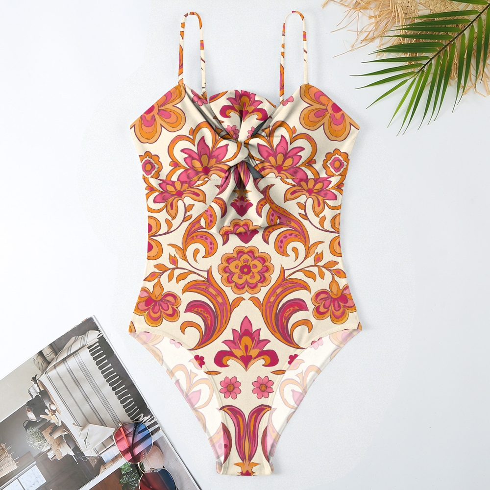 Boho Floral One Piece Swimsuit with Lace-Up Front and Slim Straps