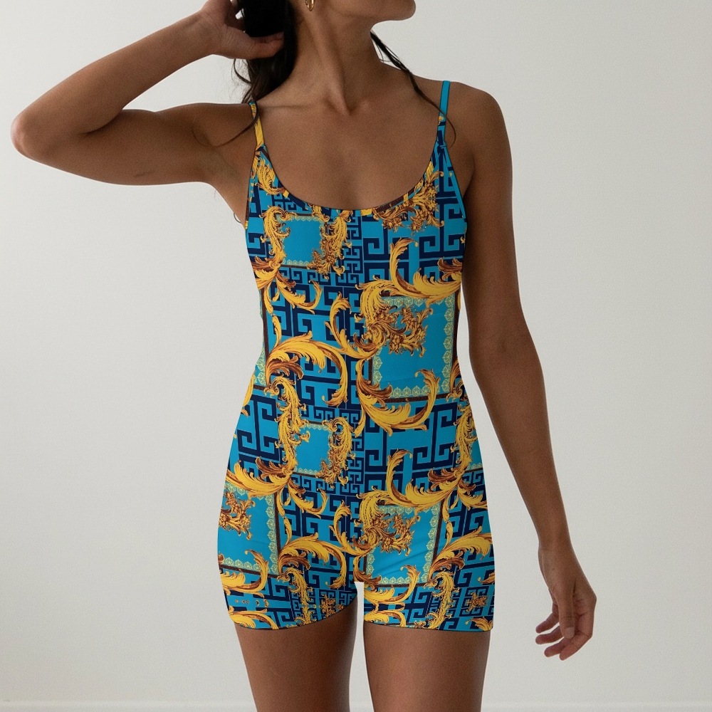 Women's Baroque Blue & Gold Ornate Italian Style Spaghetti Strap One-Piece Swimsuit
