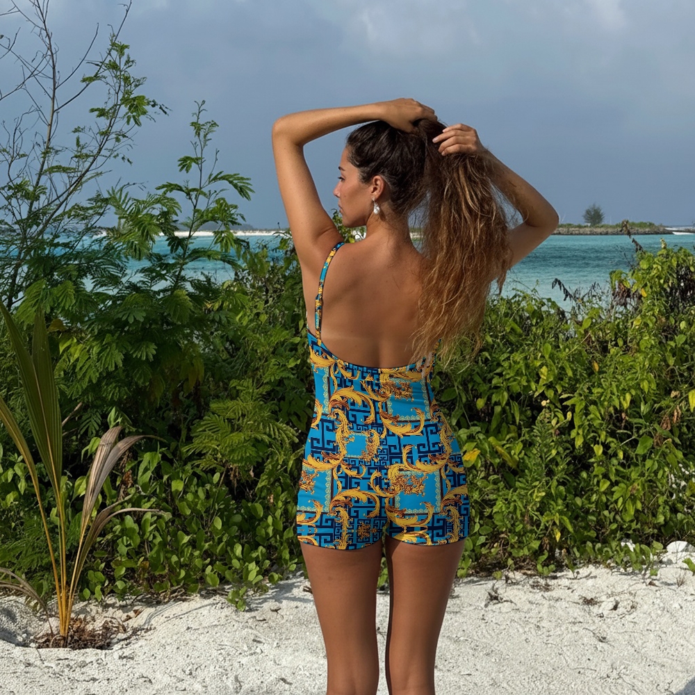 Women's Baroque Blue & Gold Ornate Italian Style Spaghetti Strap One-Piece Swimsuit