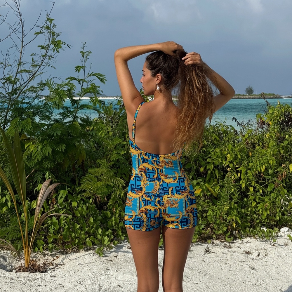 Women's Baroque Blue & Gold Ornate Italian Style Spaghetti Strap One-Piece Swimsuit