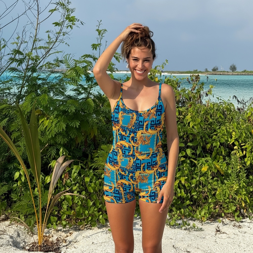 Women's Baroque Blue & Gold Ornate Italian Style Spaghetti Strap One-Piece Swimsuit