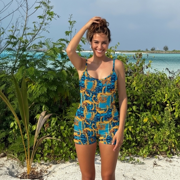 Women's Baroque Blue & Gold Ornate Italian Style Spaghetti Strap One-Piece Swimsuit