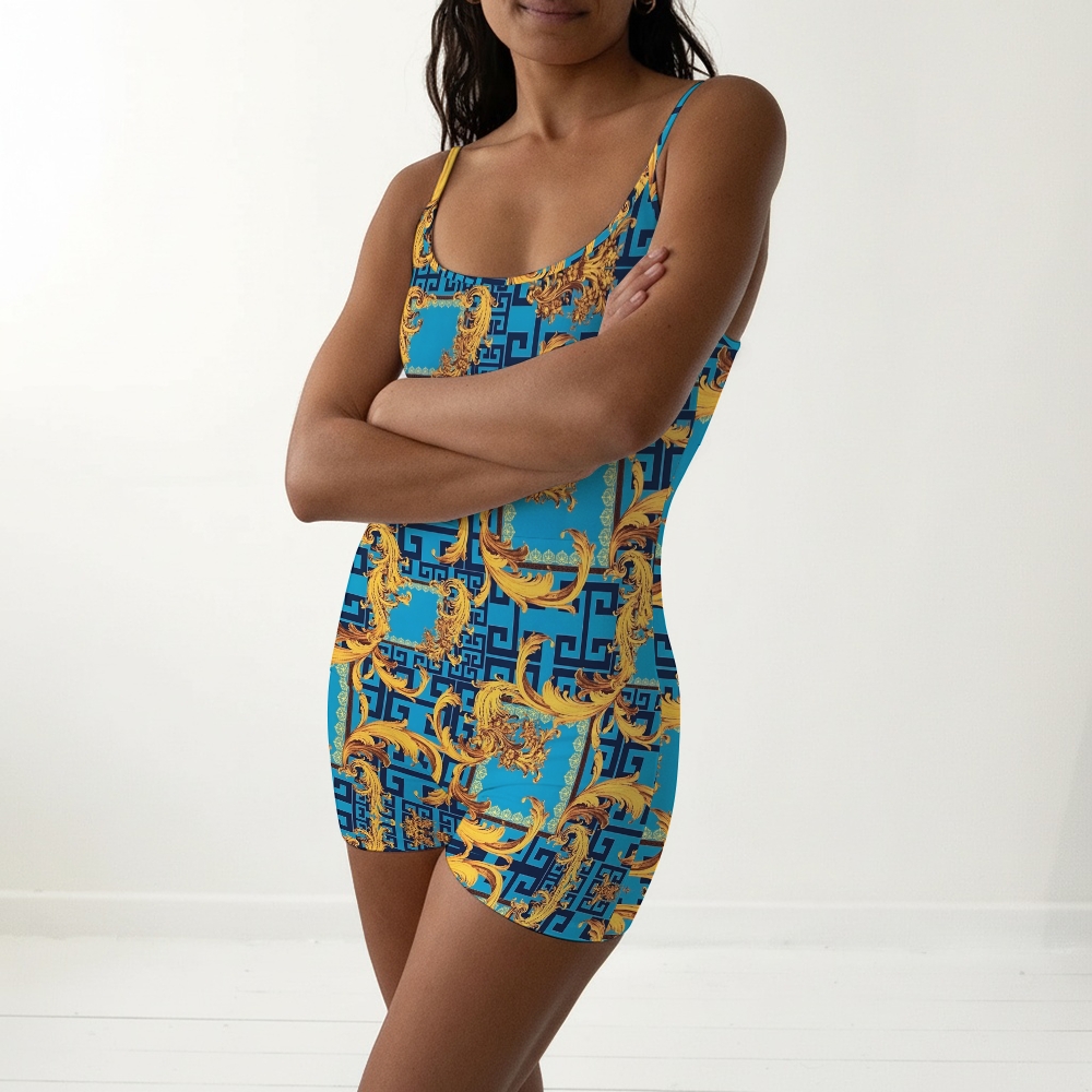 Women's Baroque Blue & Gold Ornate Italian Style Spaghetti Strap One-Piece Swimsuit