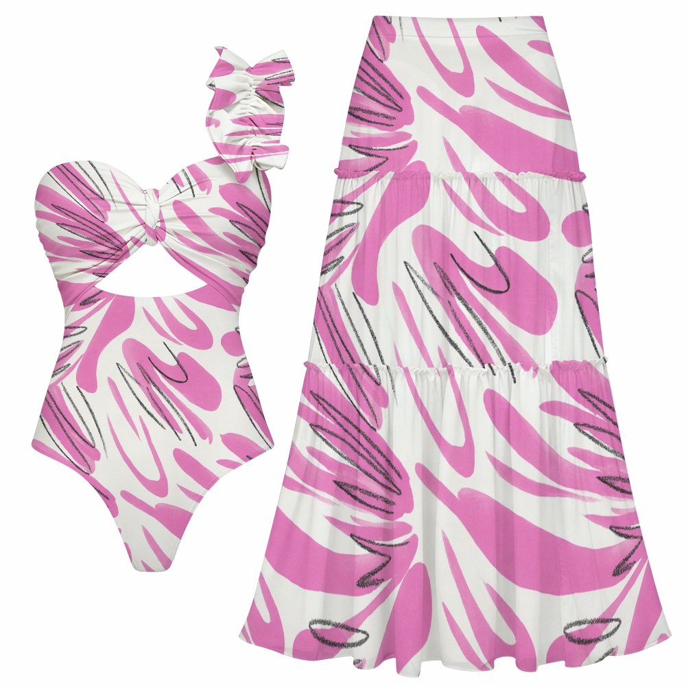 Abstract Print One Piece Swimsuit with Matching Maxi Skirt