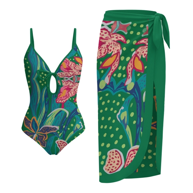 Tropical Floral One Piece Swimsuit with Matching Wrap Skirt