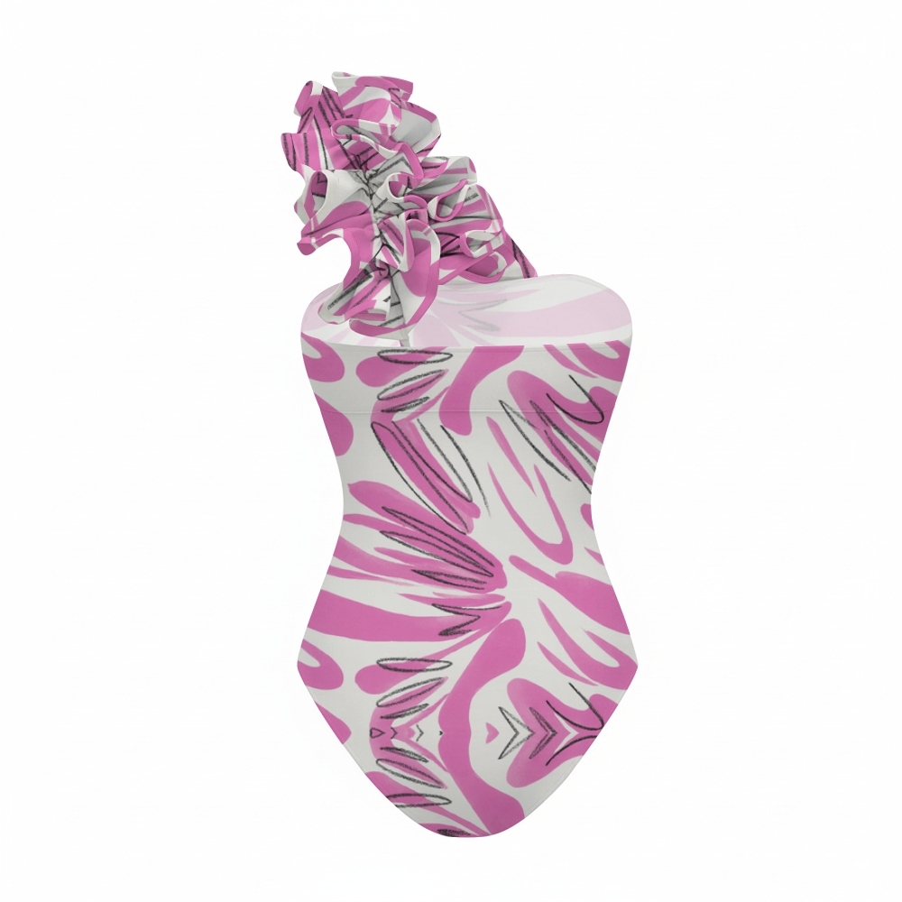 Women's One Shoulder Pink Graffiti Art Print Ruffle One Piece Swimsuit and Skirt