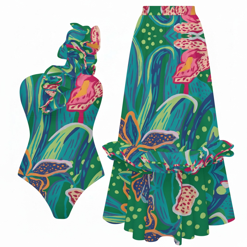 Women's One Shoulder Ruffle Hand-Drawn Tropical Floral One Piece Swimsuit and Skirt