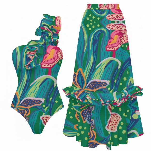Women's One Shoulder Ruffle Hand-Drawn Tropical Floral One Piece Swimsuit and Skirt