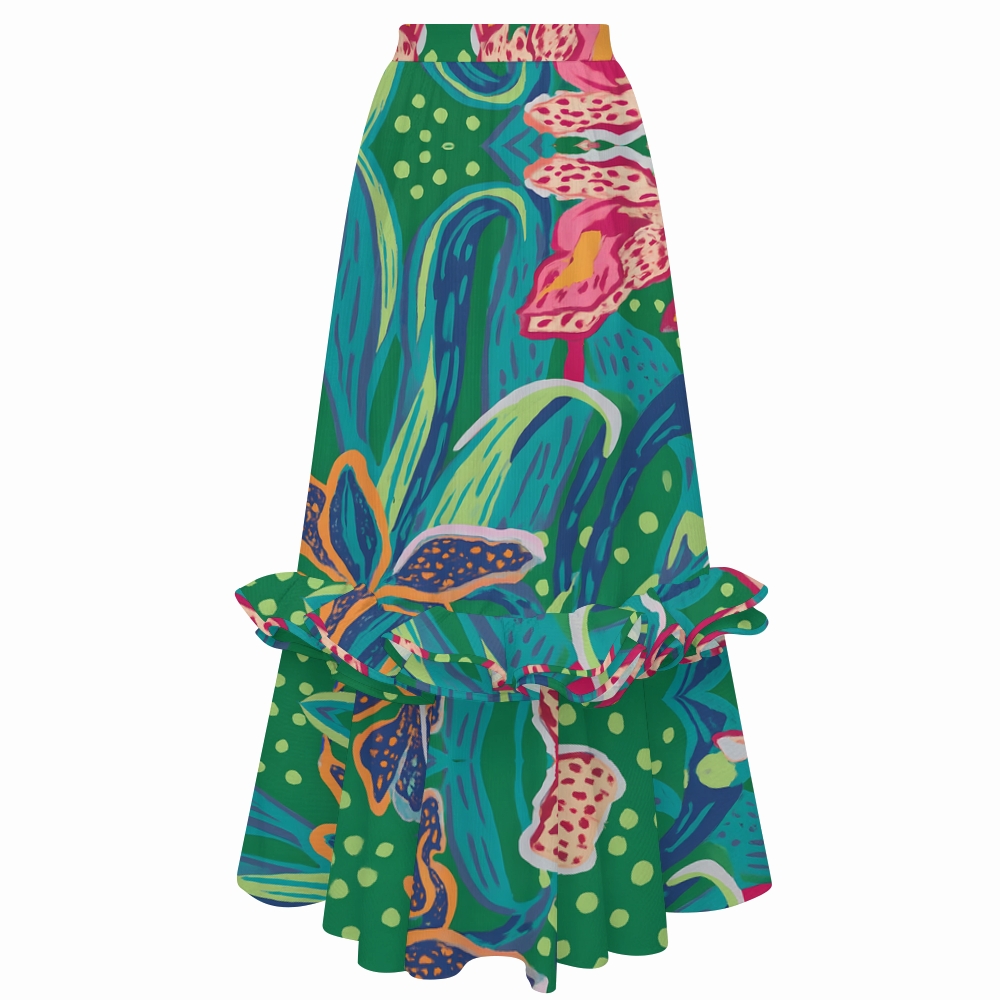 Women's One Shoulder Ruffle Hand-Drawn Tropical Floral One Piece Swimsuit and Skirt