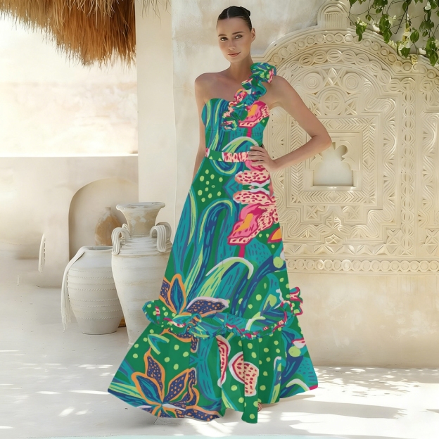 Women's One Shoulder Ruffle Hand-Drawn Tropical Floral One Piece Swimsuit and Skirt