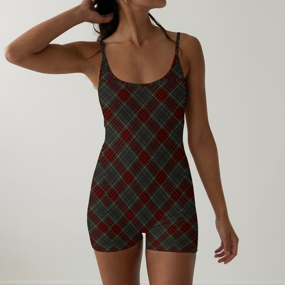 Women's Scottish-Inspired Red Argyle Pattern Spaghetti Strap One-Piece Swimsuit